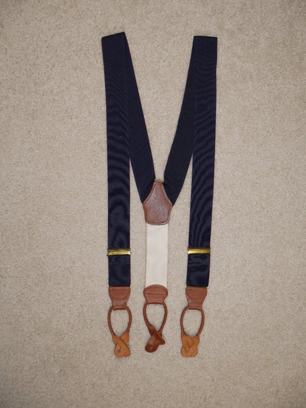 Dooney & Bourke Navy Blue fabric suspenders braces & brown leather fittings